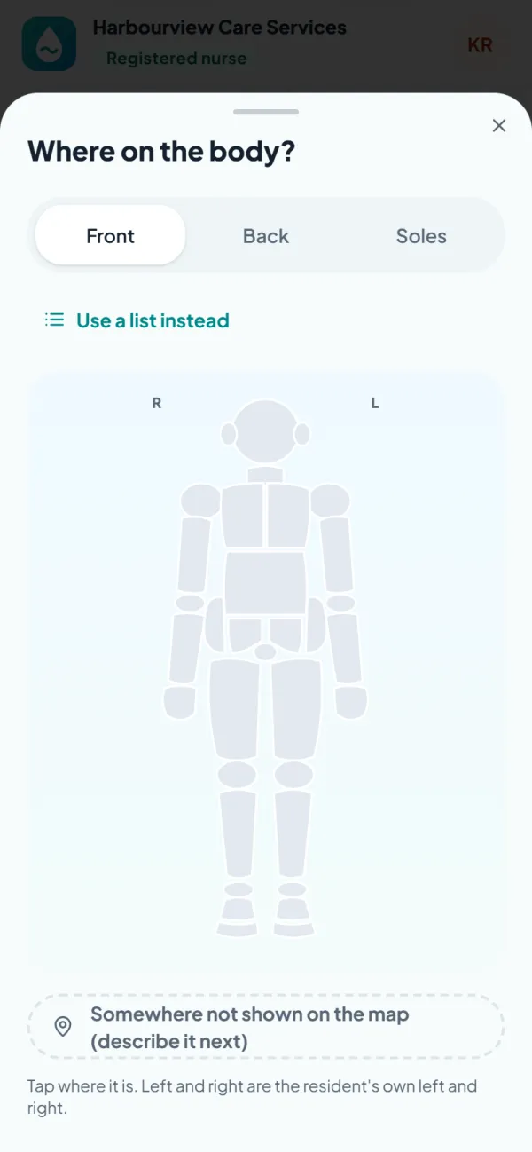 Recording a skin finding on the interactive body map: front, back and soles, with left and right as the resident's own.