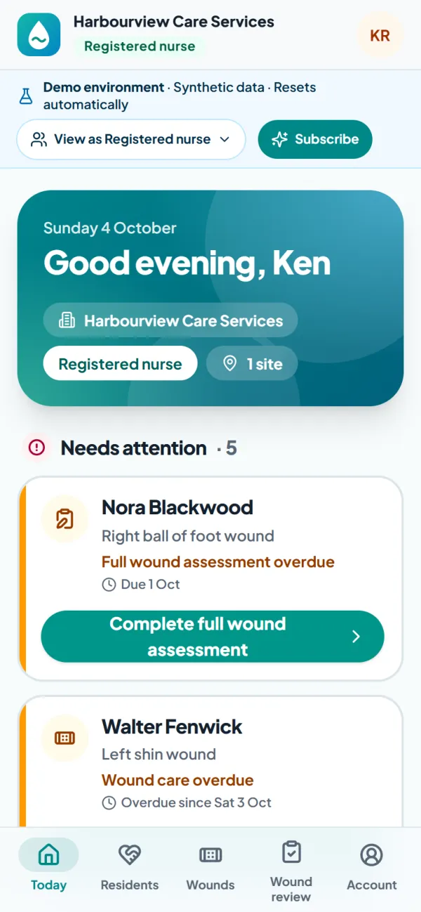 The WoundLane Today screen for a registered nurse: the residents and wounds that need attention, each with one button to start the care or assessment that is due.